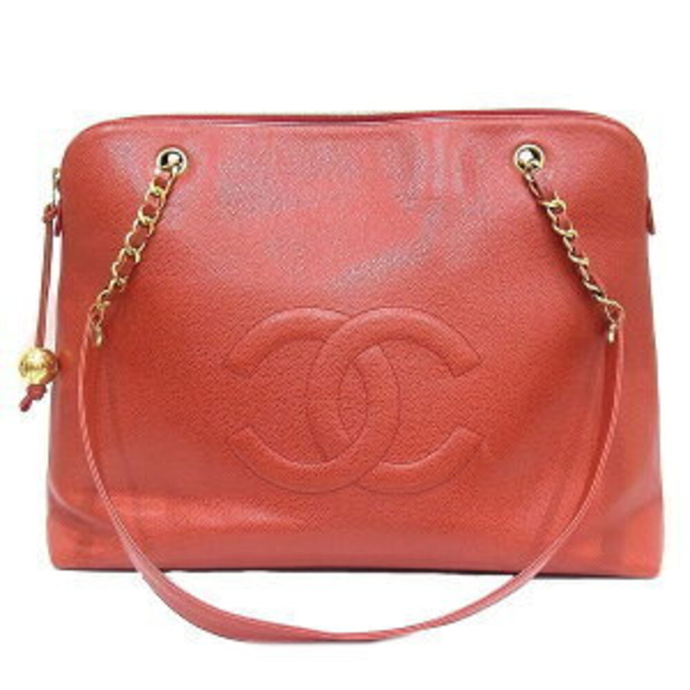 Chanel Shoulder BagTote Bag Red Coco MarkCaviar Leather Ball Charm